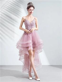 Picture of Pink Straps High Low V-neckline Tulle Lace and Beaded Prom Dresses, Pink Homecoming Dresses